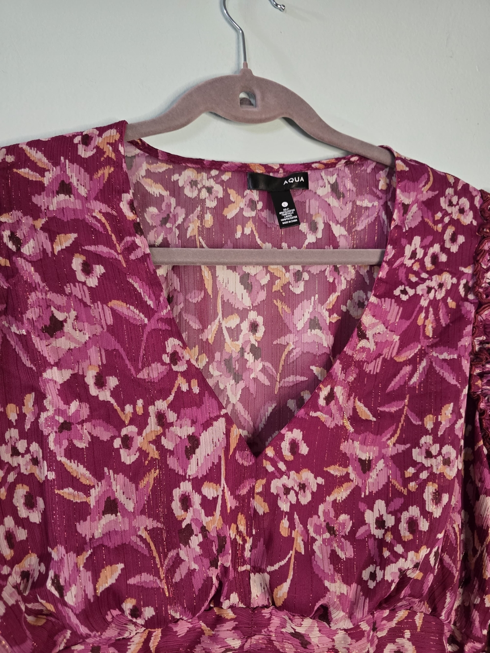 Aqua Raspberry Floral V-Neck Ruffle Blouse - Picture 6 of 14